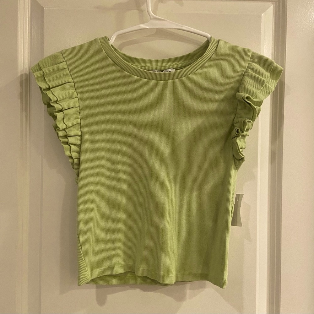 Zara Green Tee Sleeveless Ruffled Top Shirt Size Large Cotton Blend New - NWOT